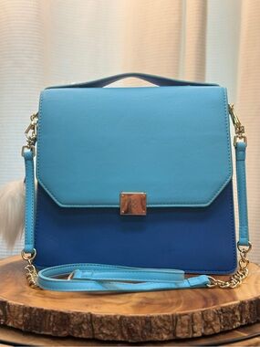 NEW Gianni Bini Blue & Turquoise Satchel-Crossbody Convertible-Plate Pom Flap